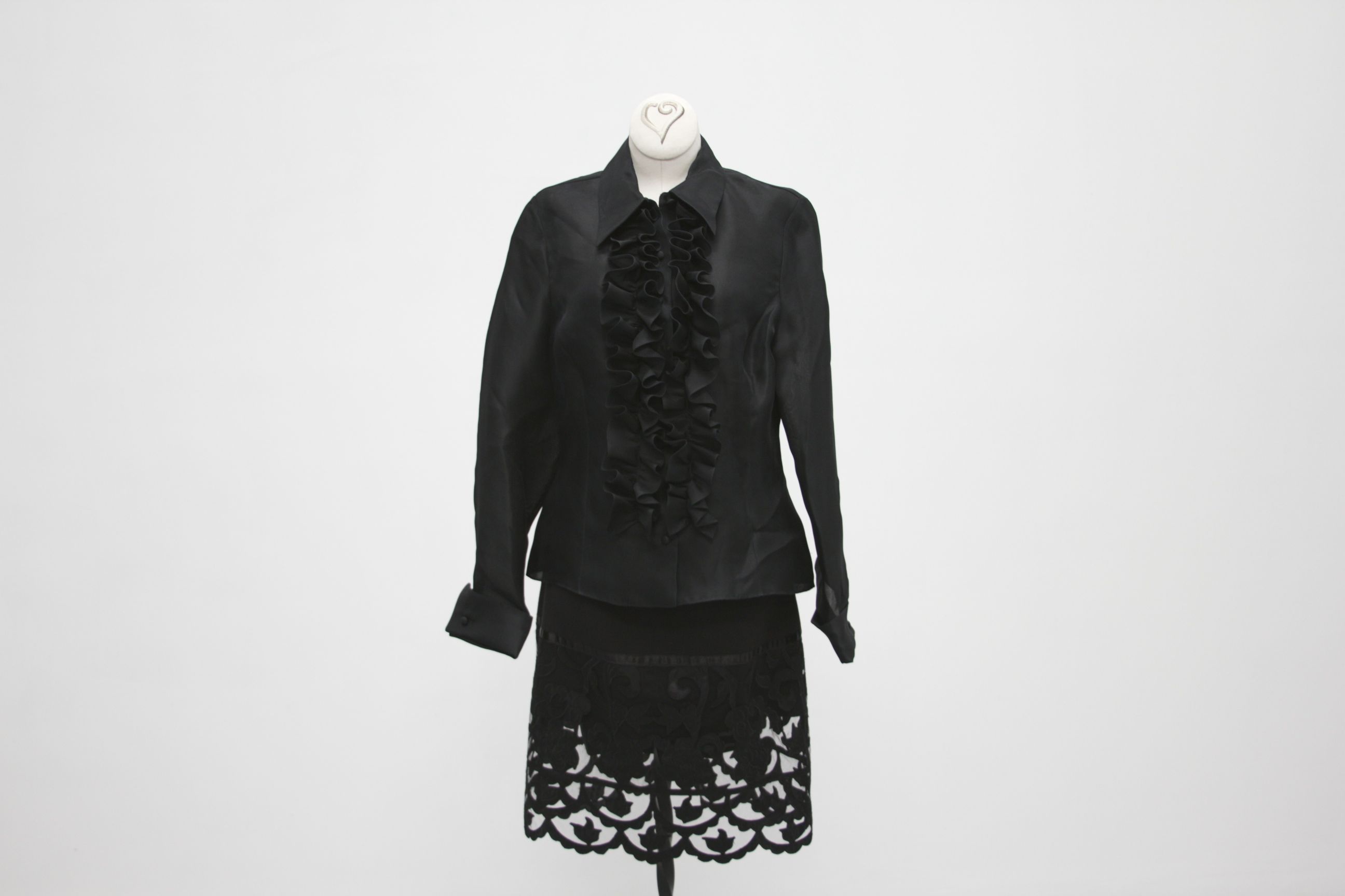 Black Silk Ruffled Blouse with Black Shirt with Cutout Lace Hem 