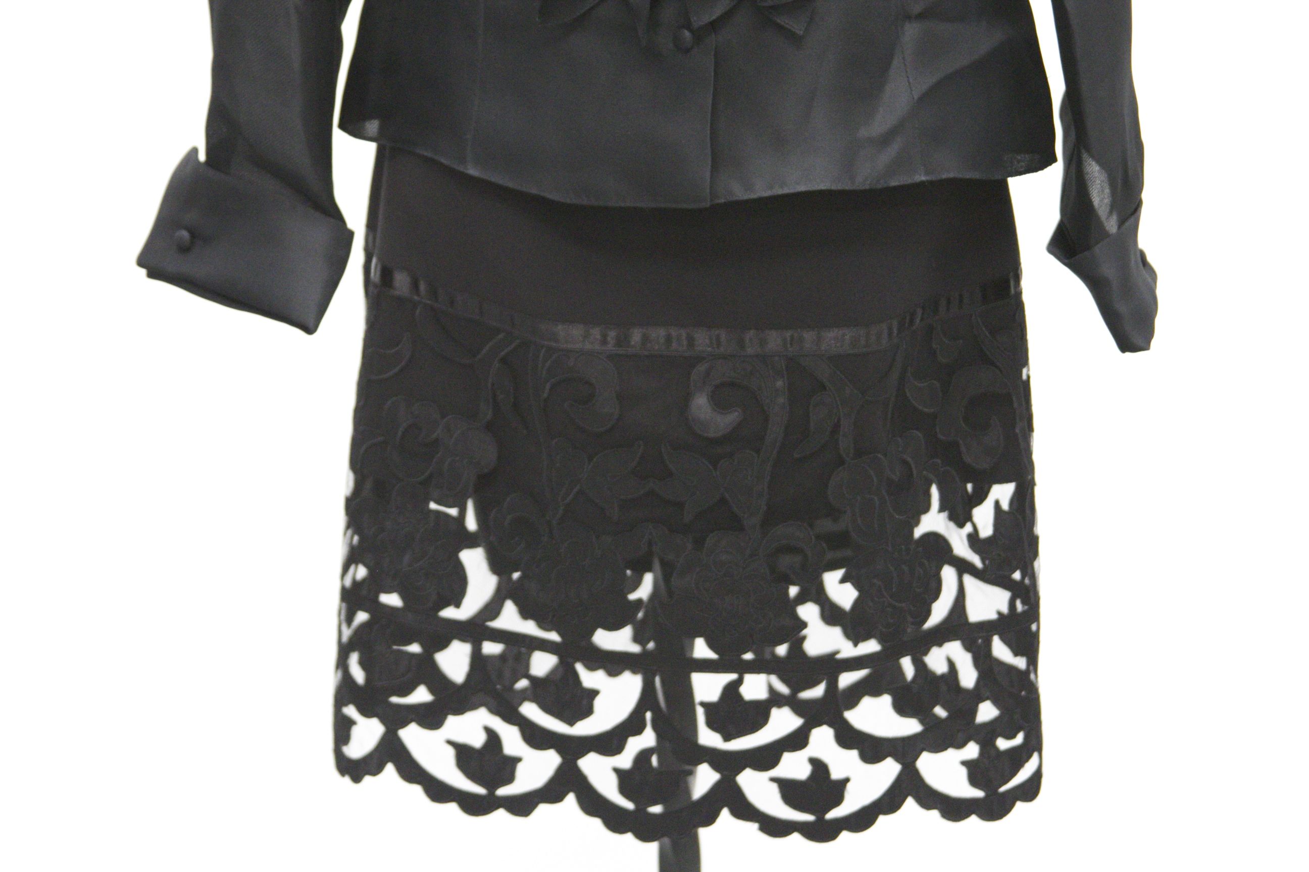 Black Silk Ruffled Blouse with Black Shirt with Cutout Lace Hem 