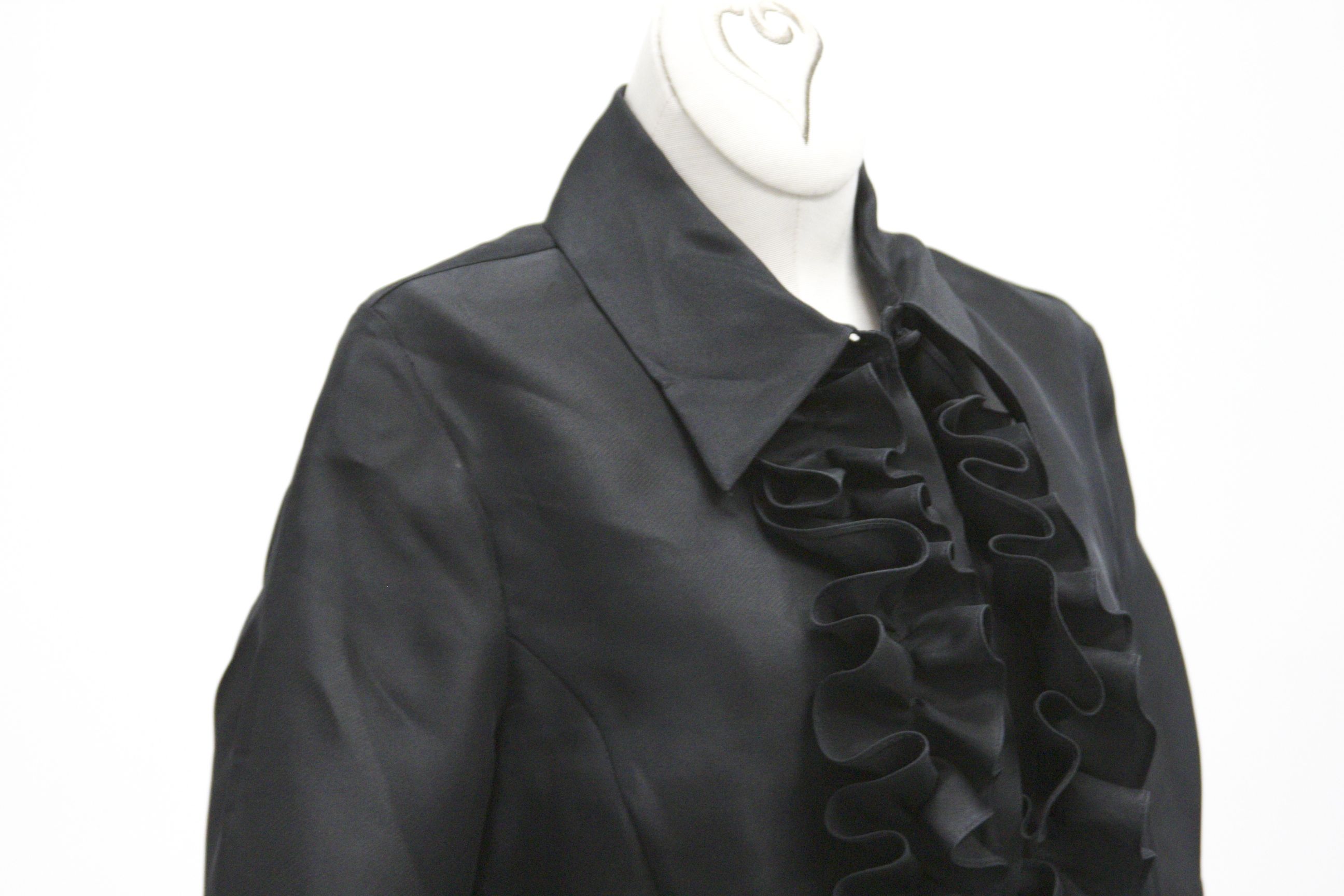 Black Silk Ruffled Blouse with Black Shirt with Cutout Lace Hem 