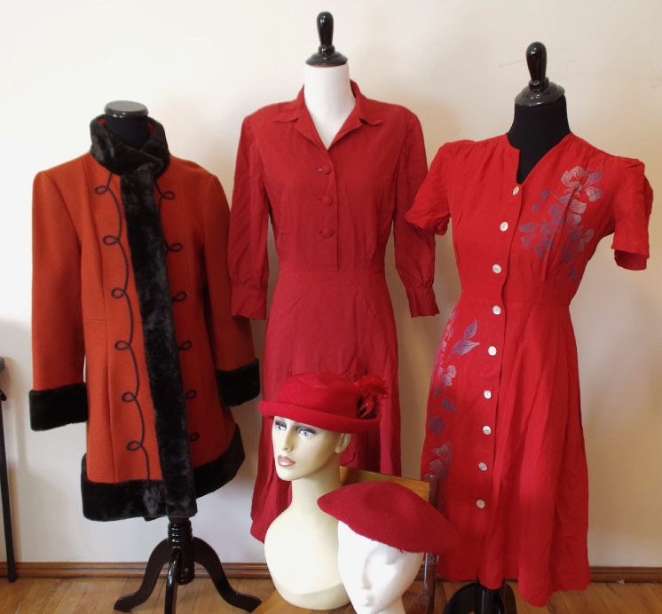 Vintage Red Dresses, Coat, and Hats