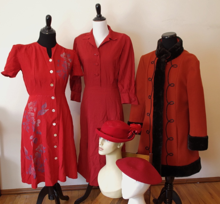 Vintage Red Dresses, Coat, and Hats