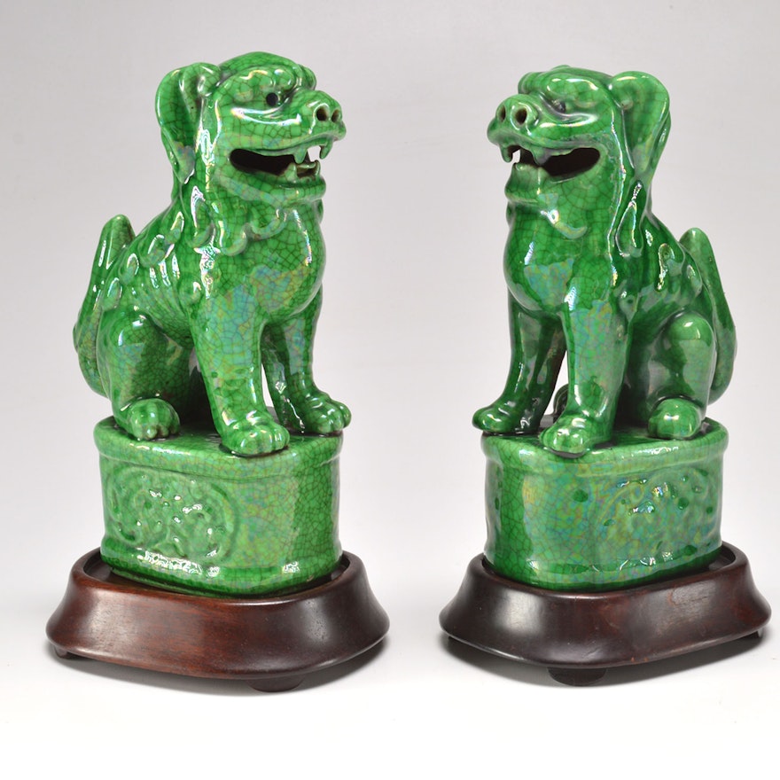 Pair of Green Ceramic Foo Dog Figurines