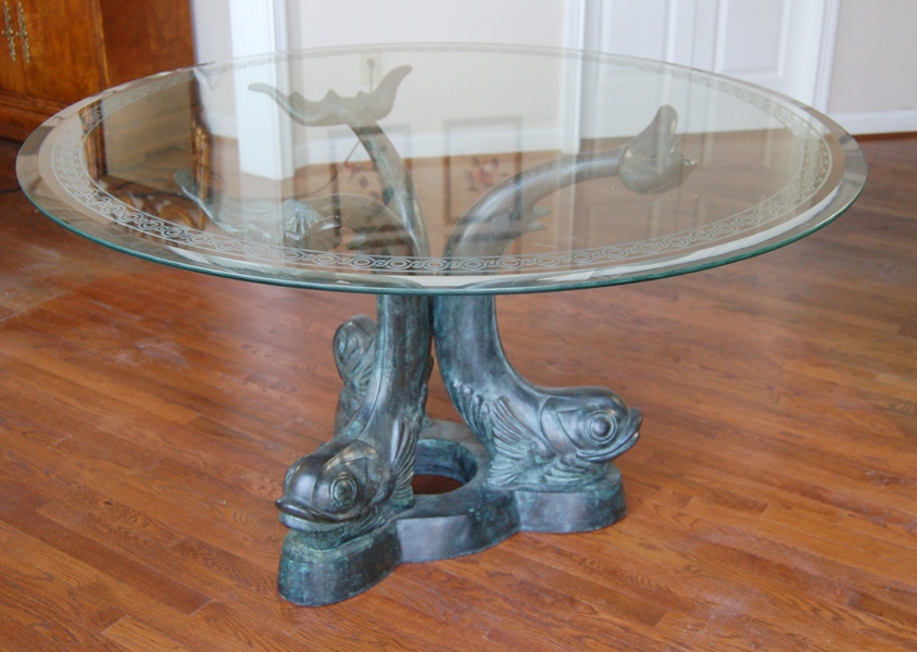 Maitland-Smith Etched Glass Table Top on Bronze Sculpture Base 