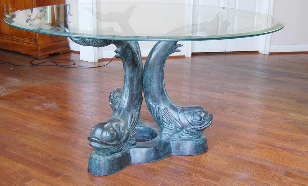 Maitland-Smith Etched Glass Table Top on Bronze Sculpture Base 