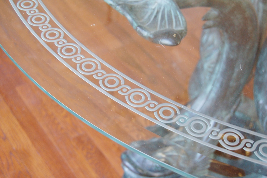 Maitland-Smith Etched Glass Table Top on Bronze Sculpture Base 