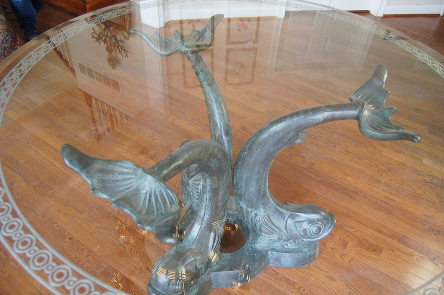 Maitland-Smith Etched Glass Table Top on Bronze Sculpture Base 