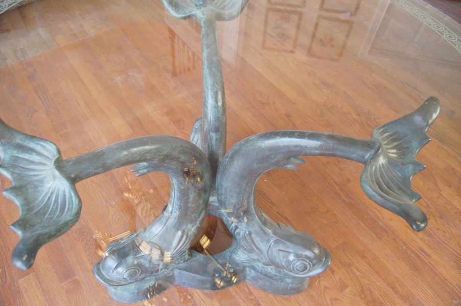 Maitland-Smith Etched Glass Table Top on Bronze Sculpture Base 