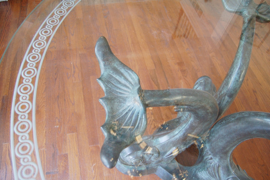 Maitland-Smith Etched Glass Table Top on Bronze Sculpture Base 