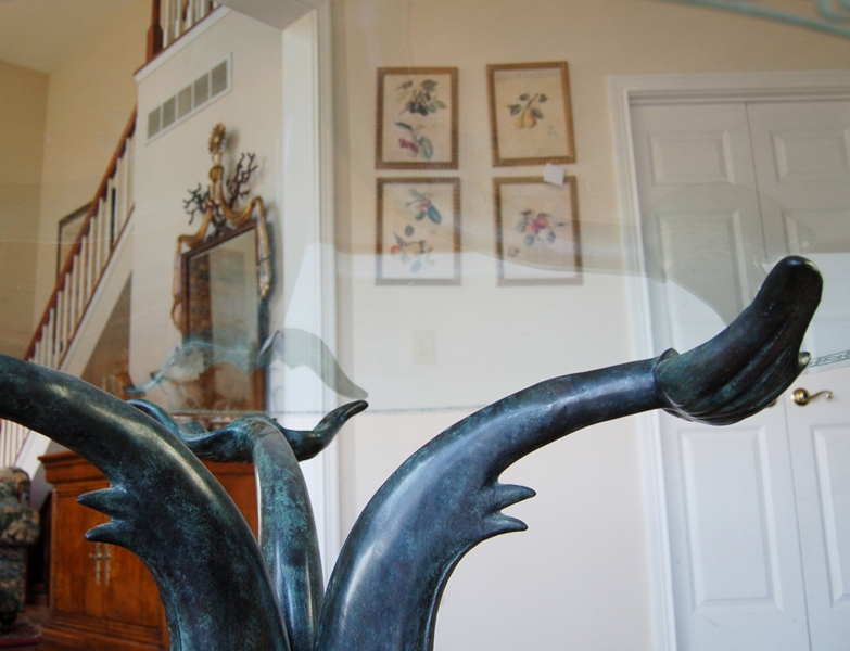 Maitland-Smith Etched Glass Table Top on Bronze Sculpture Base 