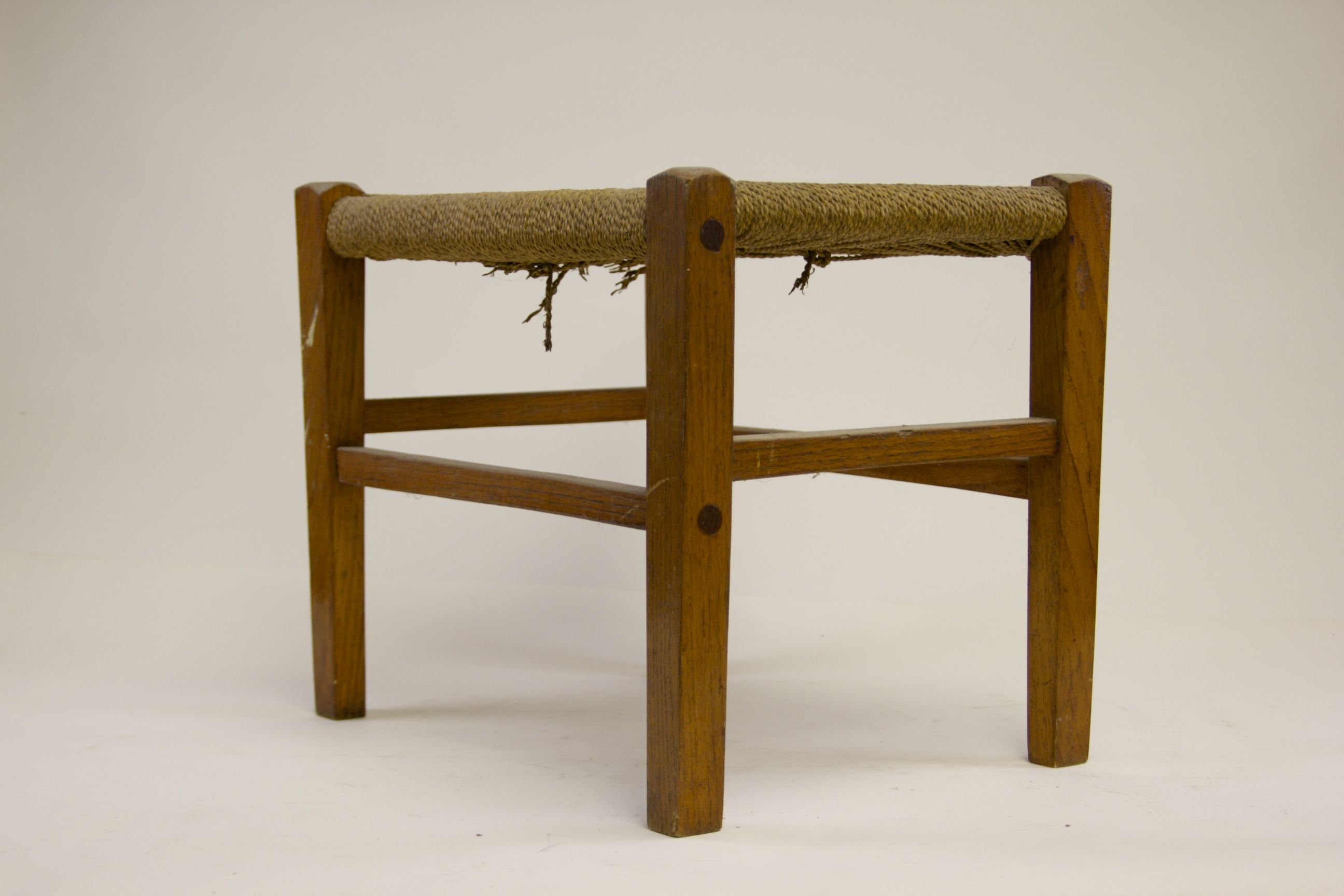 Vintage Rope Weave Stool with Oak Frame