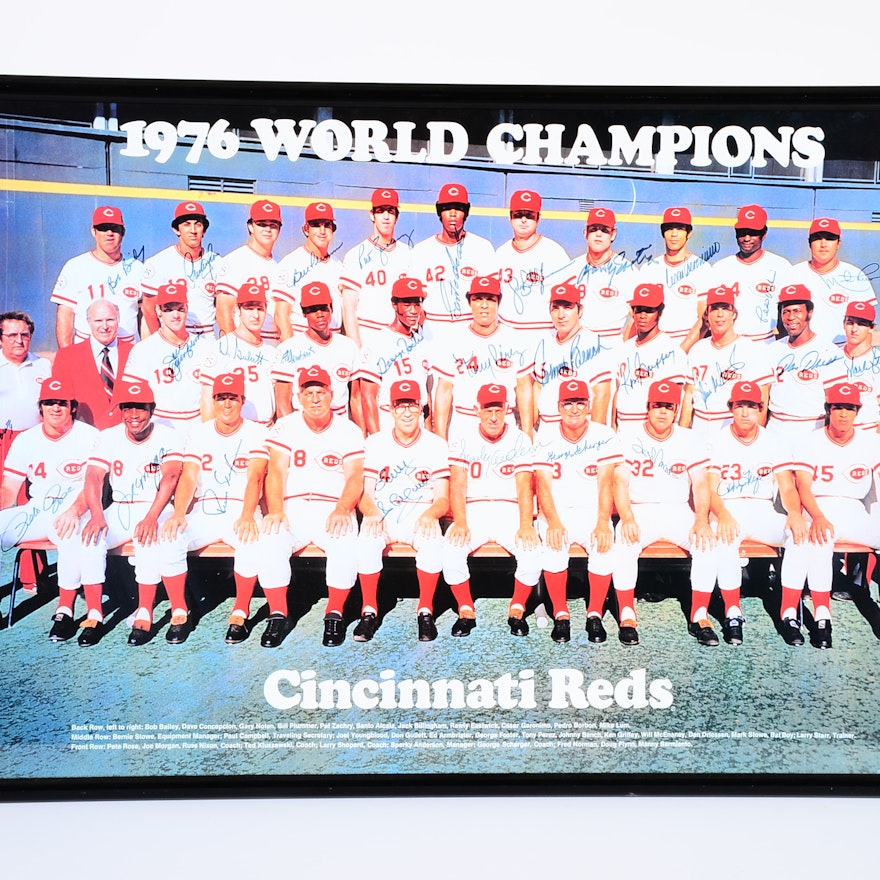 Framed 1976 Reds Champions Poster with 30 Autographs