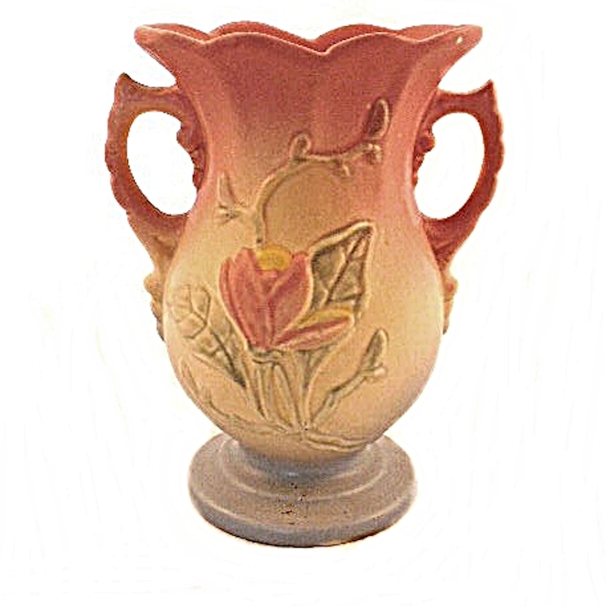 1940s Hull Art Magnolia Vase with Two Handles and Scalloped Rim