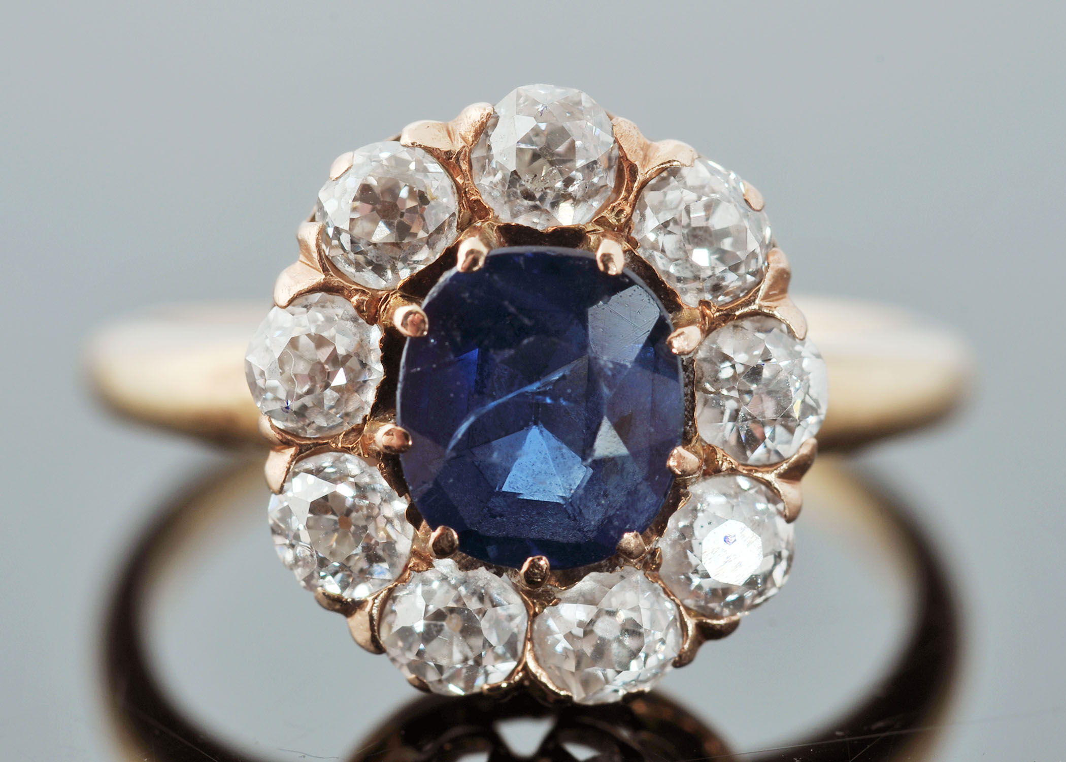 14 K Yellow Gold, Blue Sapphire and Diamond Ring
