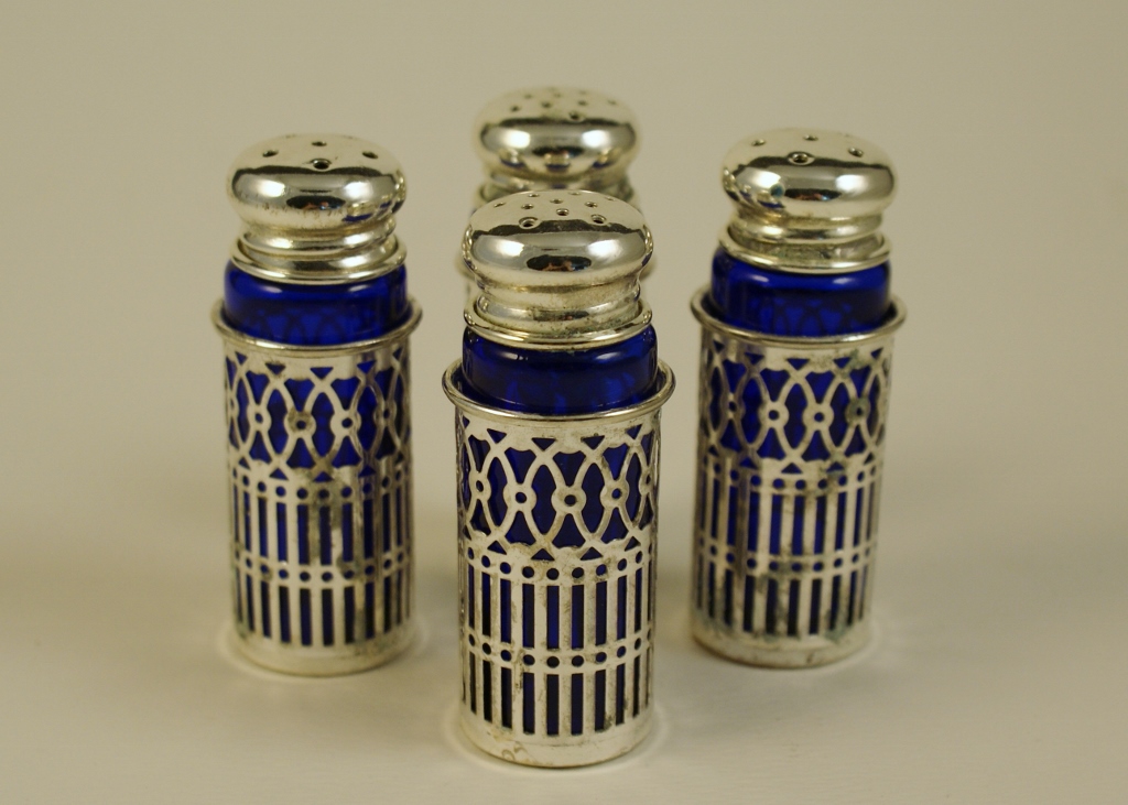 Four Cobalt Glass Silver Plated Shakers