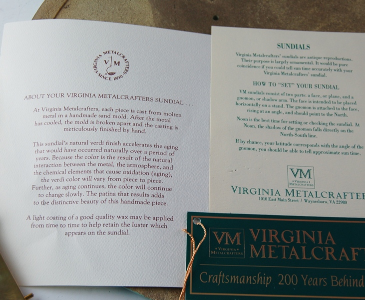 Virginia Metalcrafters Brass Sundial
