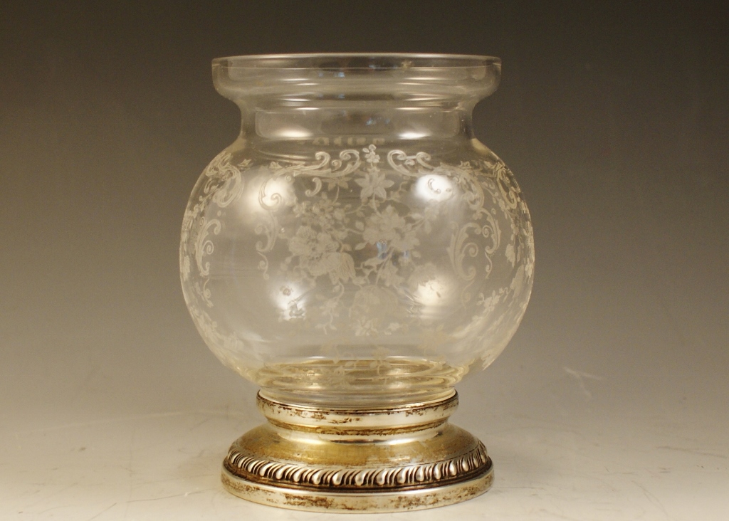 Etched Glass Sterling Base Vase