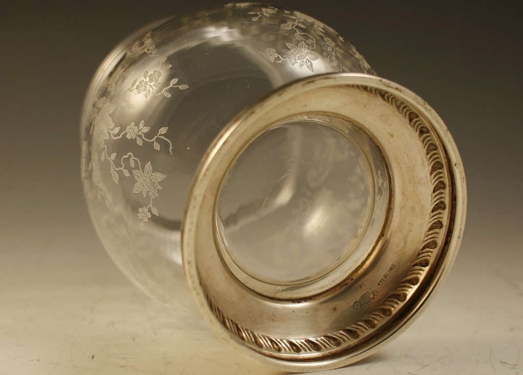 Etched Glass Sterling Base Vase
