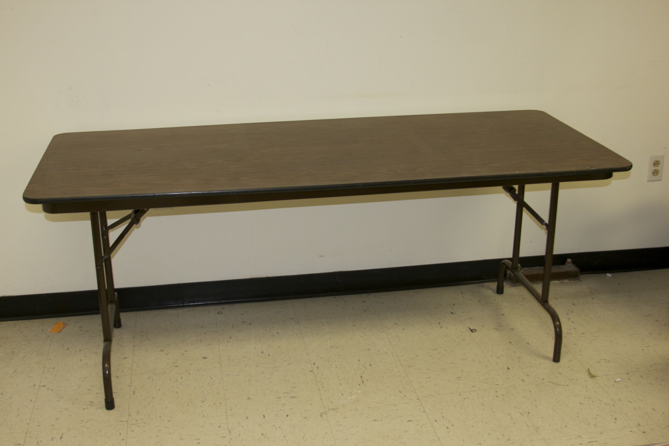 Walnut Laminate Table with Folding Brown Metal Legs
