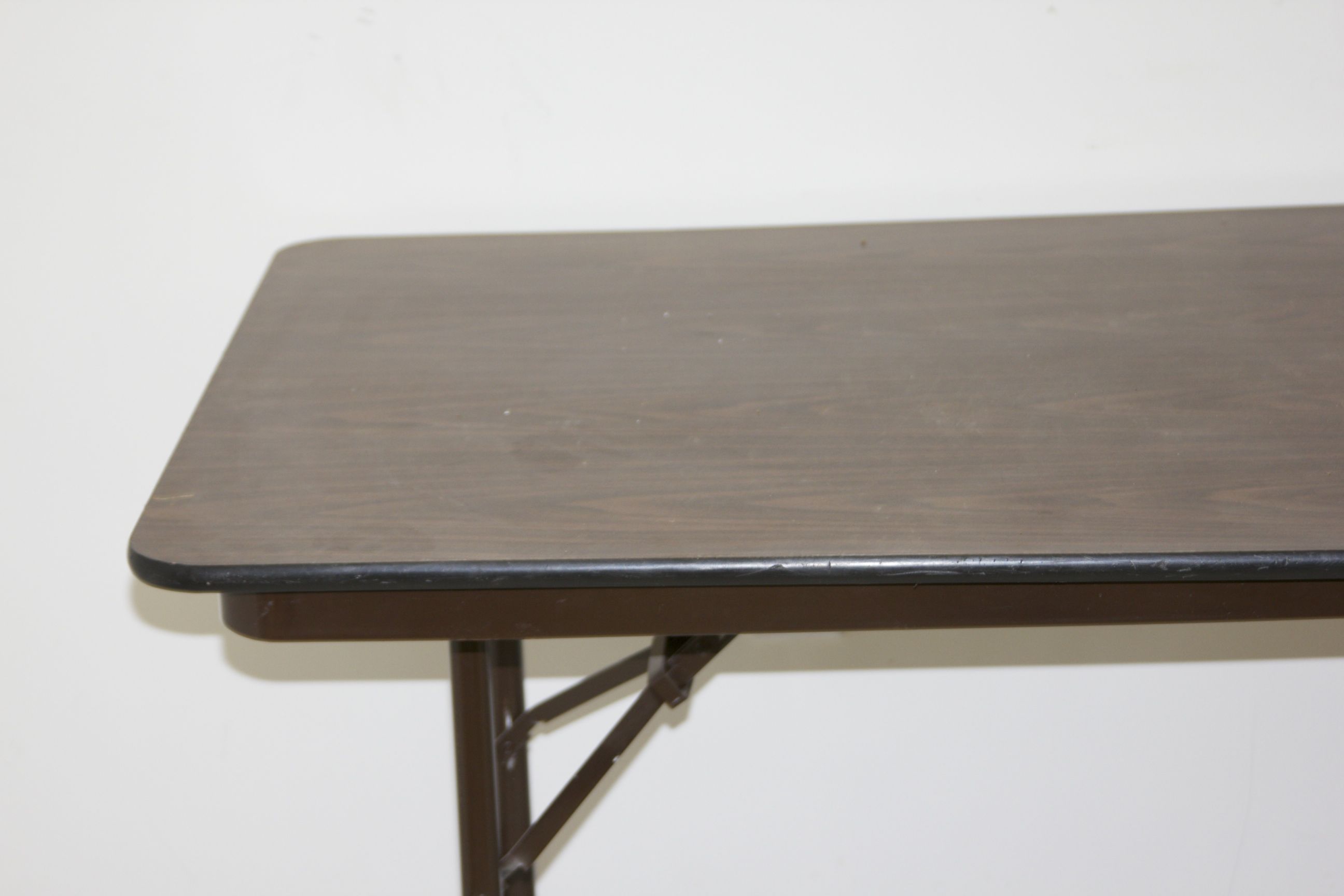 Walnut Laminate Table with Folding Brown Metal Legs