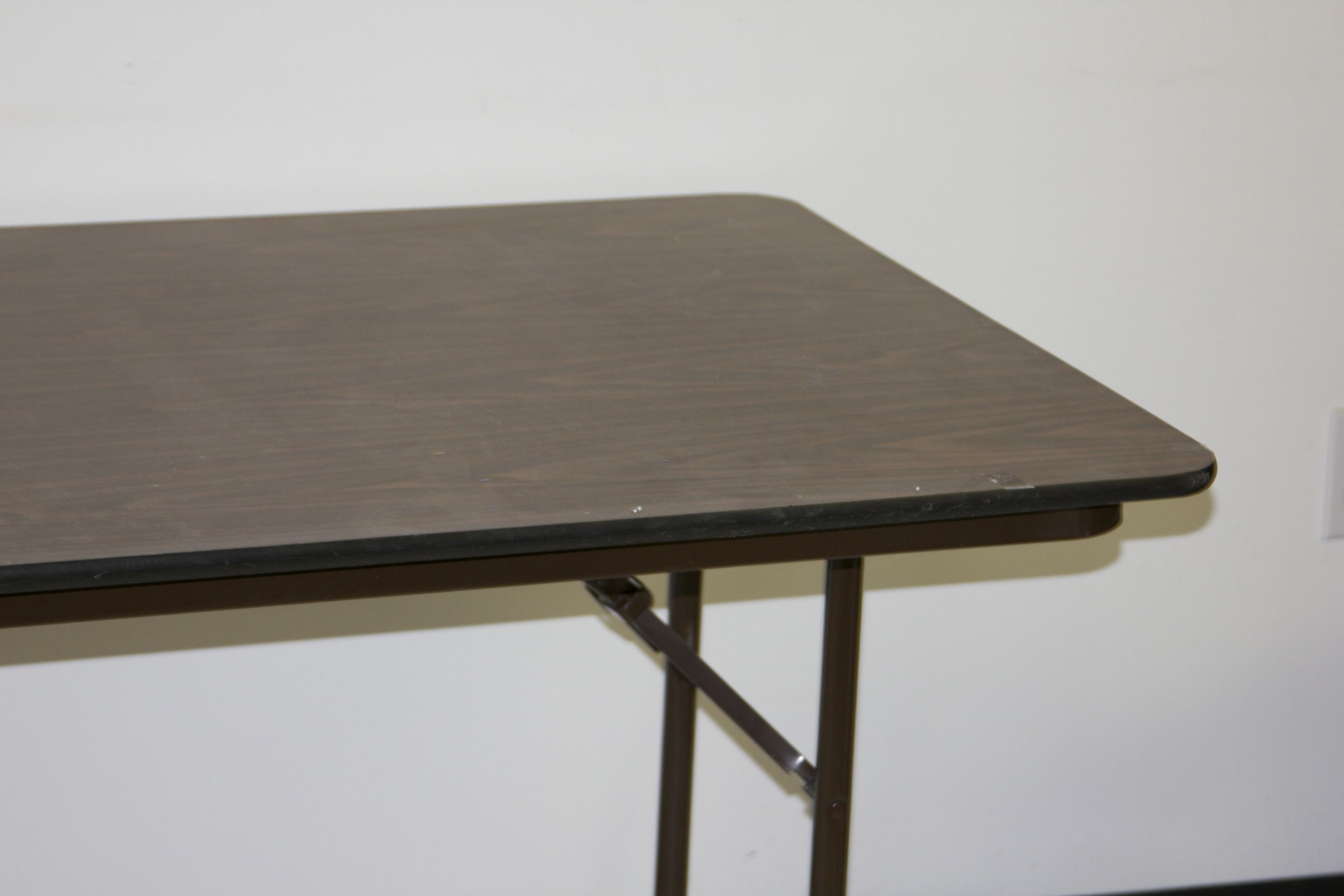 Walnut Laminate Table with Folding Brown Metal Legs