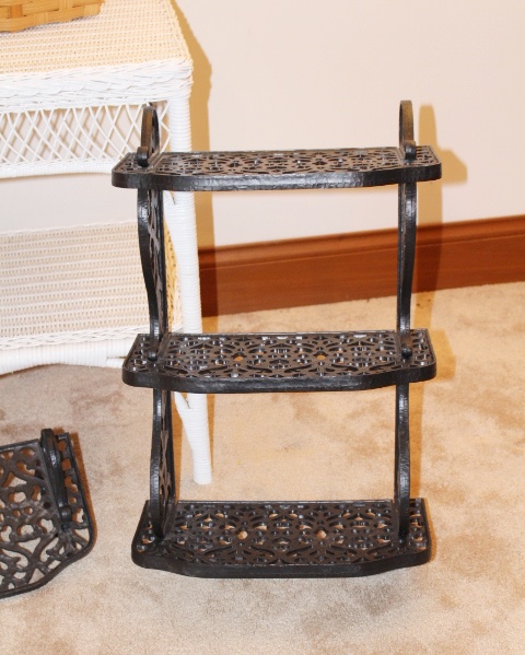 White Wicker Square End Table, Black Shelves, Basket