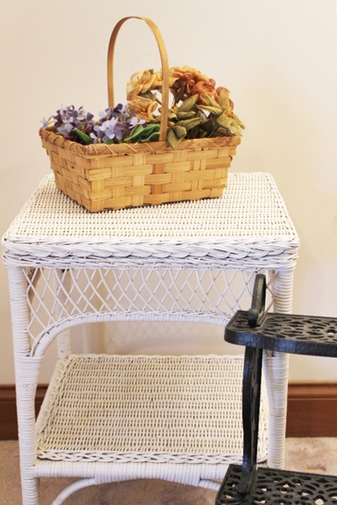 White Wicker Square End Table, Black Shelves, Basket