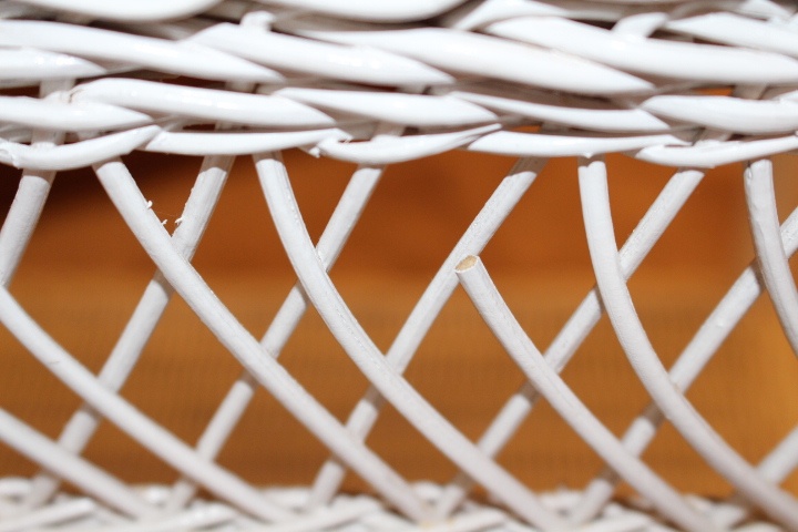White Wicker Square End Table, Black Shelves, Basket