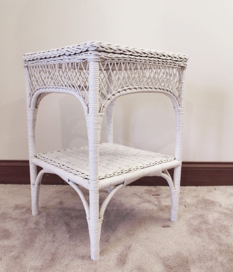 White Wicker Square End Table, Black Shelves, Basket