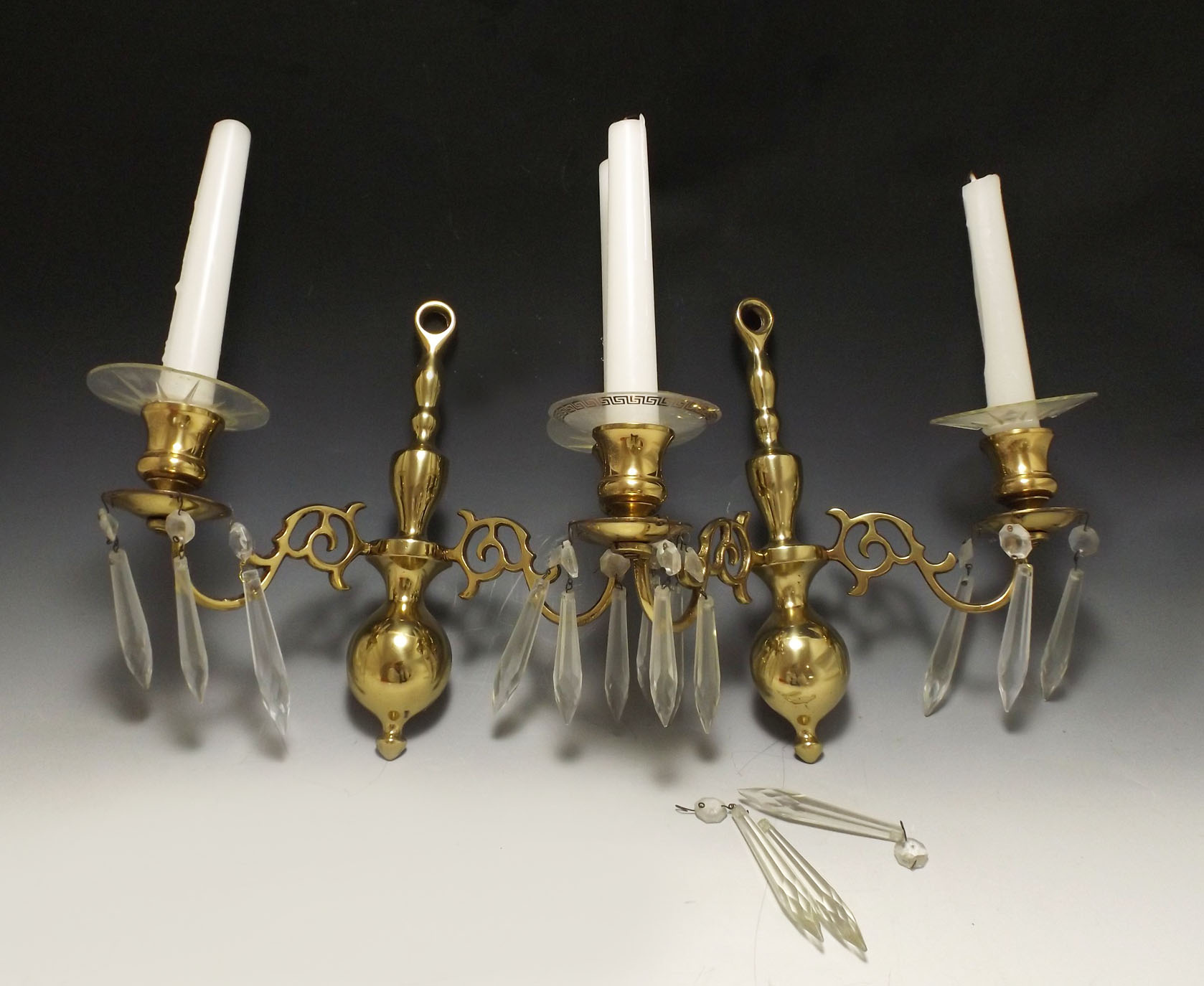 Pair of Polished Brass Sconces with Crystal Prisms