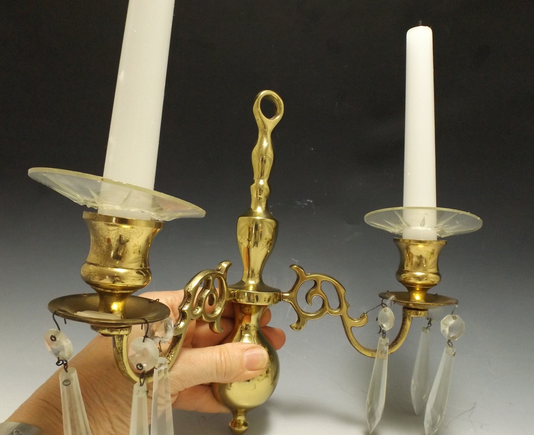 Pair of Polished Brass Sconces with Crystal Prisms