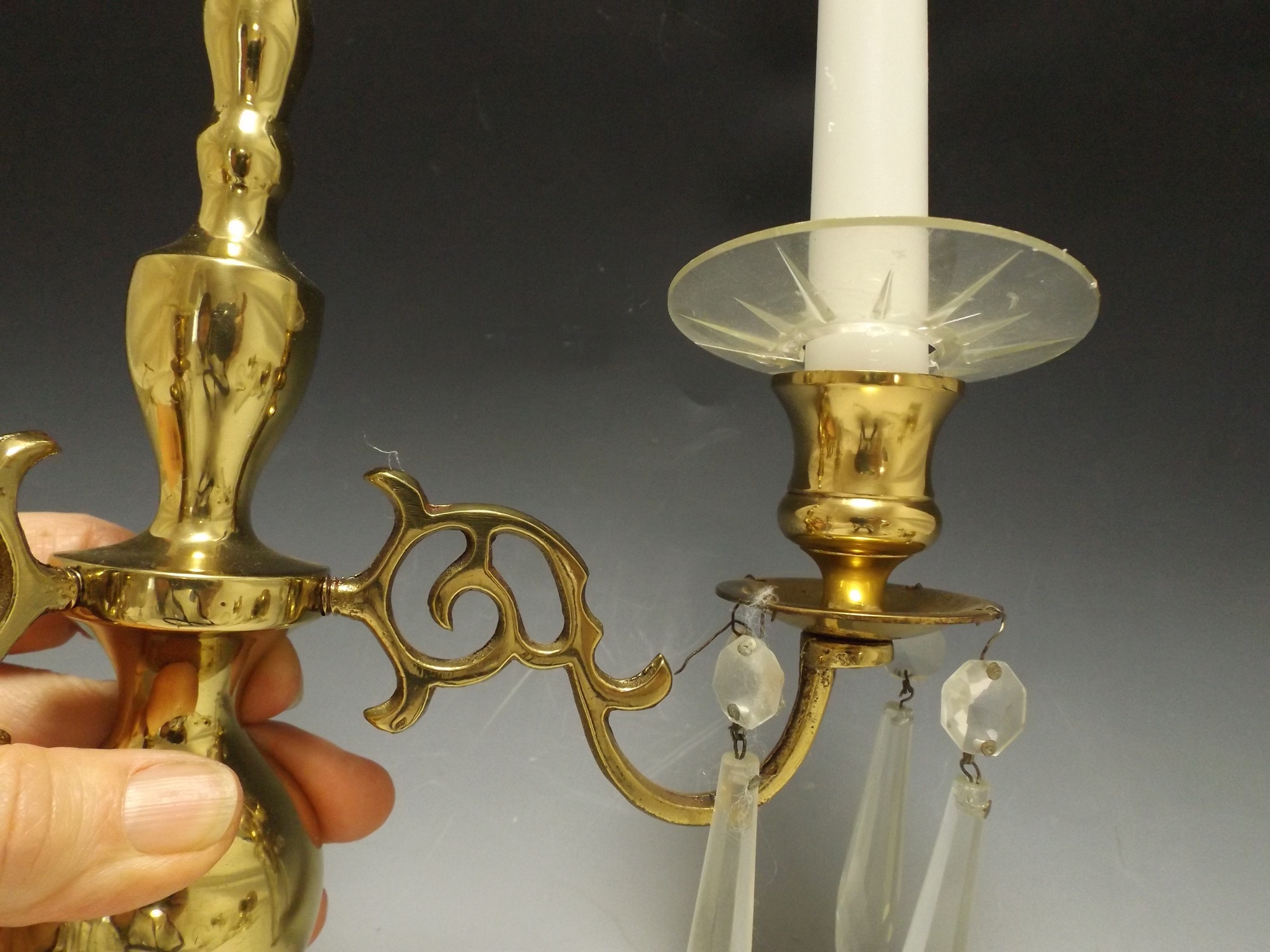 Pair of Polished Brass Sconces with Crystal Prisms