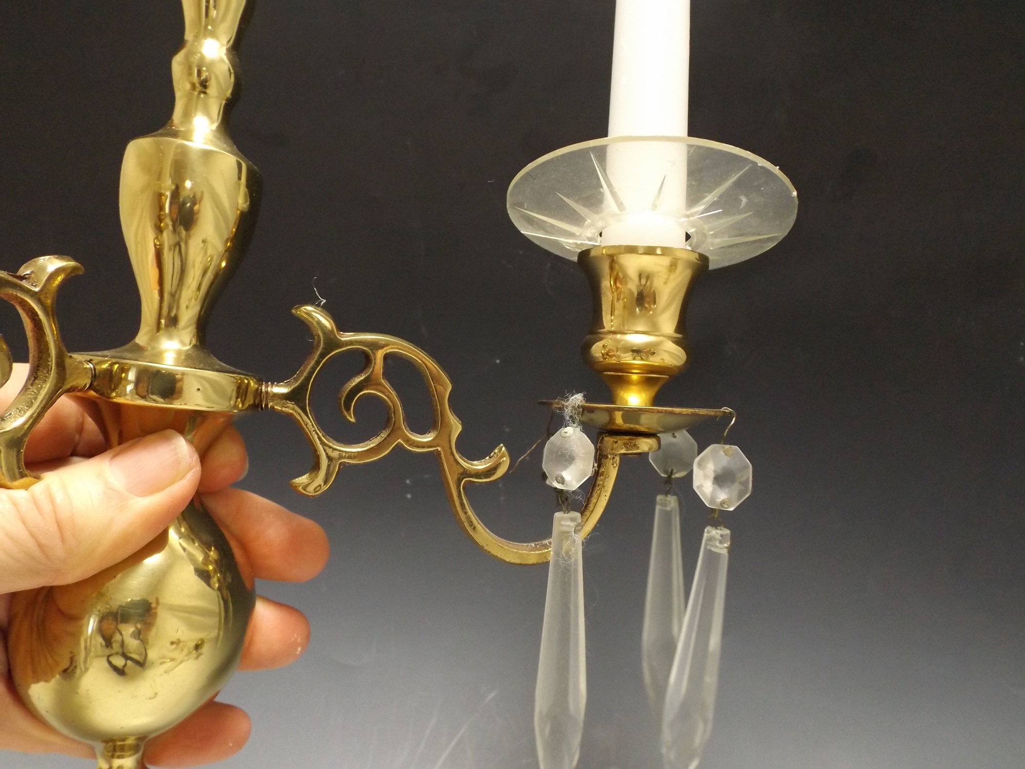 Pair of Polished Brass Sconces with Crystal Prisms