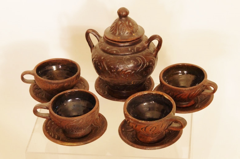 Vintage Mexican Carved Pottery Tea Set in Rich Brown