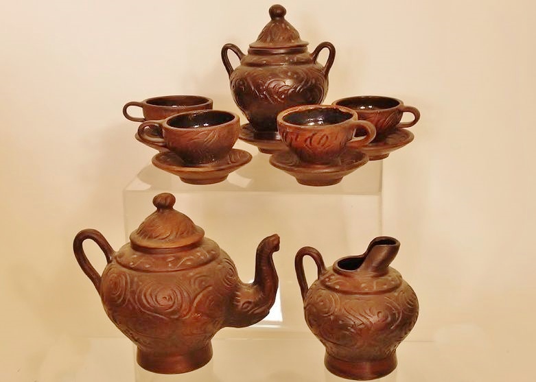Vintage Mexican Carved Pottery Tea Set in Rich Brown