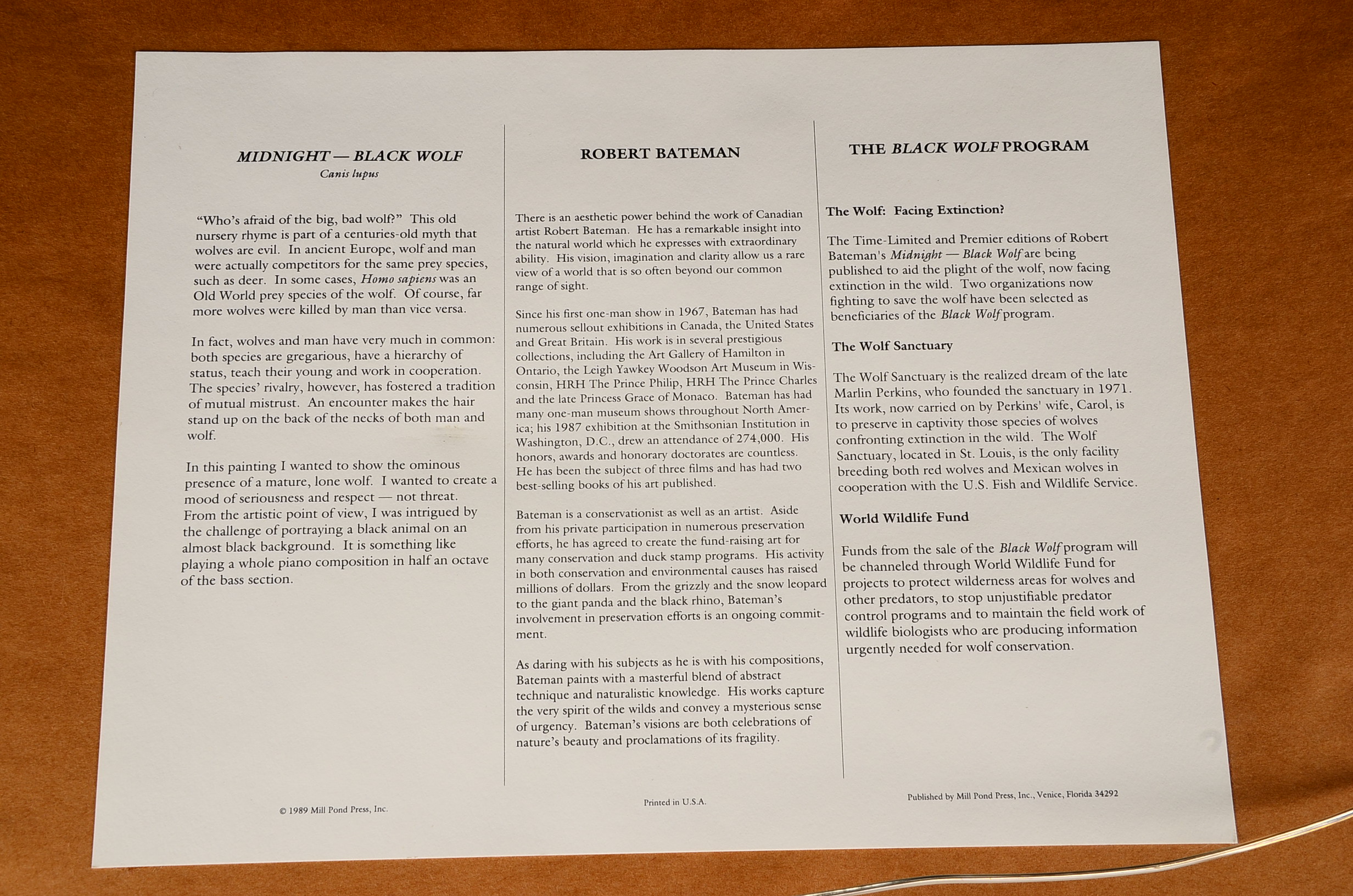 Signed Robert Bateman Framed "Midnight - Black Wolf" Print