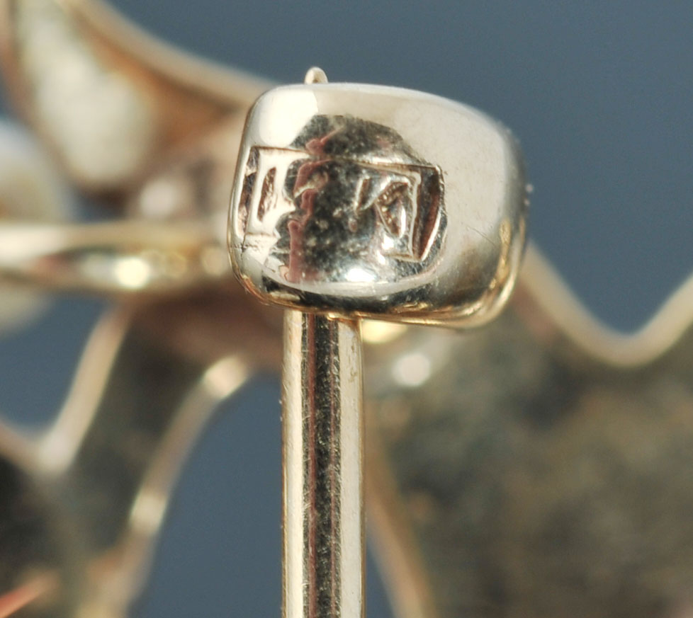 14 K Yellow Gold Pearl and Diamond Whirylygig Pendant/ Pin