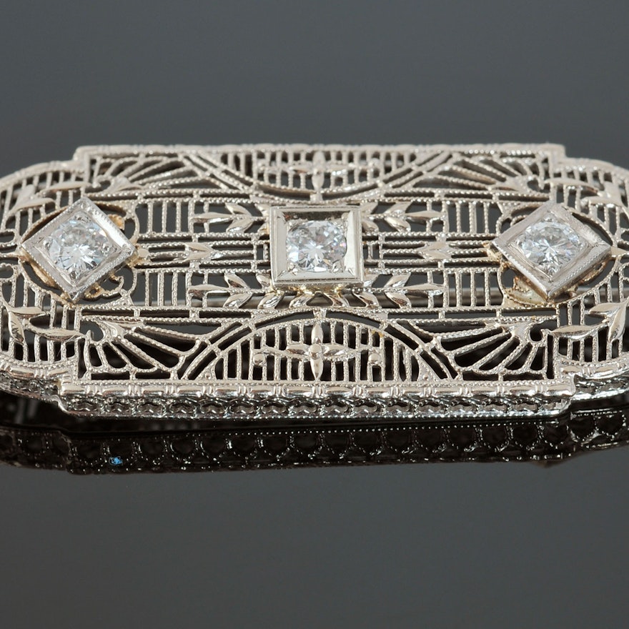 Handmade Edwardian 14 K White Gold and Diamond Filigree Brooch