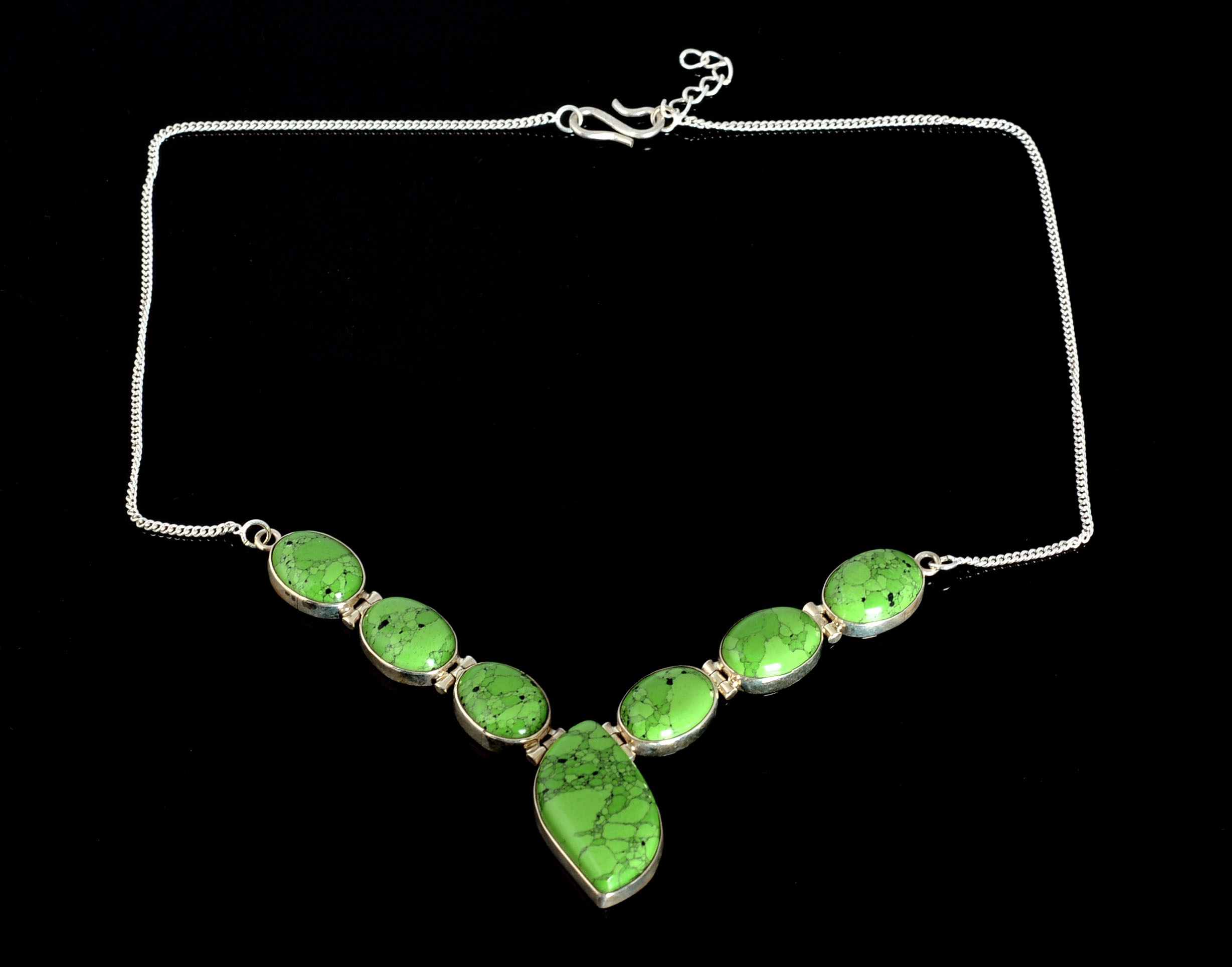 Sterling Silver Necklace with Bezel Set Lime Green Cabochons