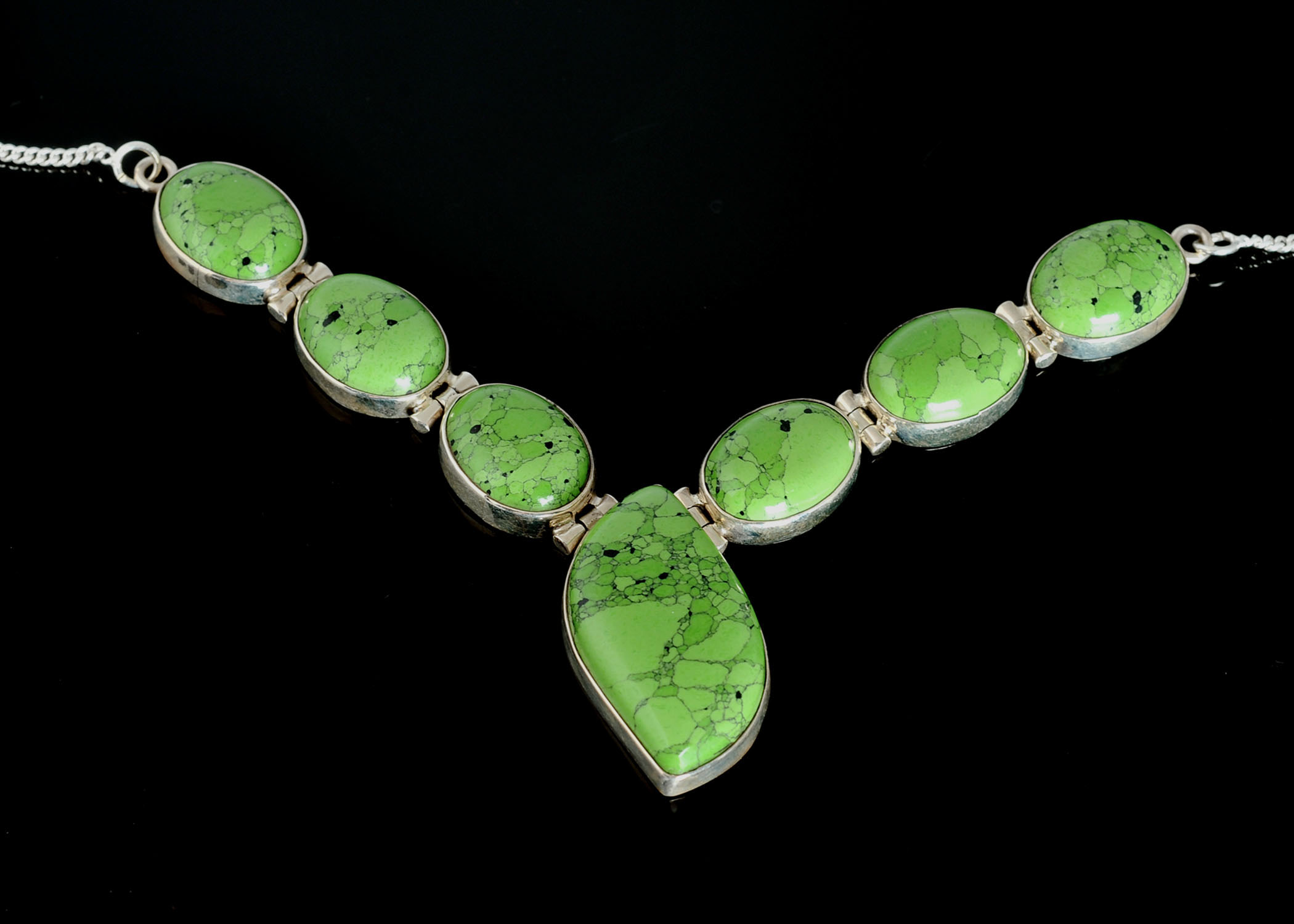 Sterling Silver Necklace with Bezel Set Lime Green Cabochons