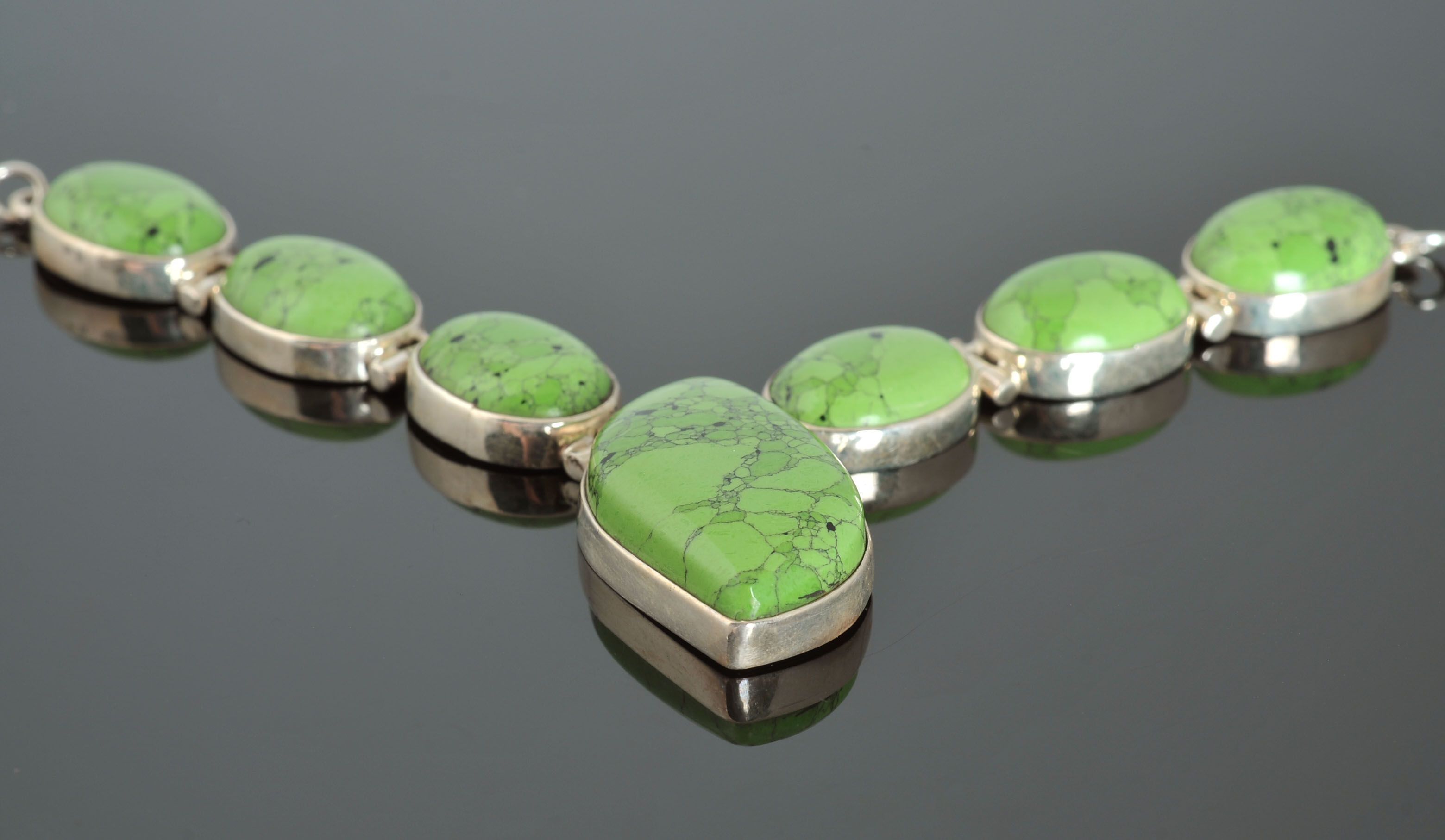 Sterling Silver Necklace with Bezel Set Lime Green Cabochons