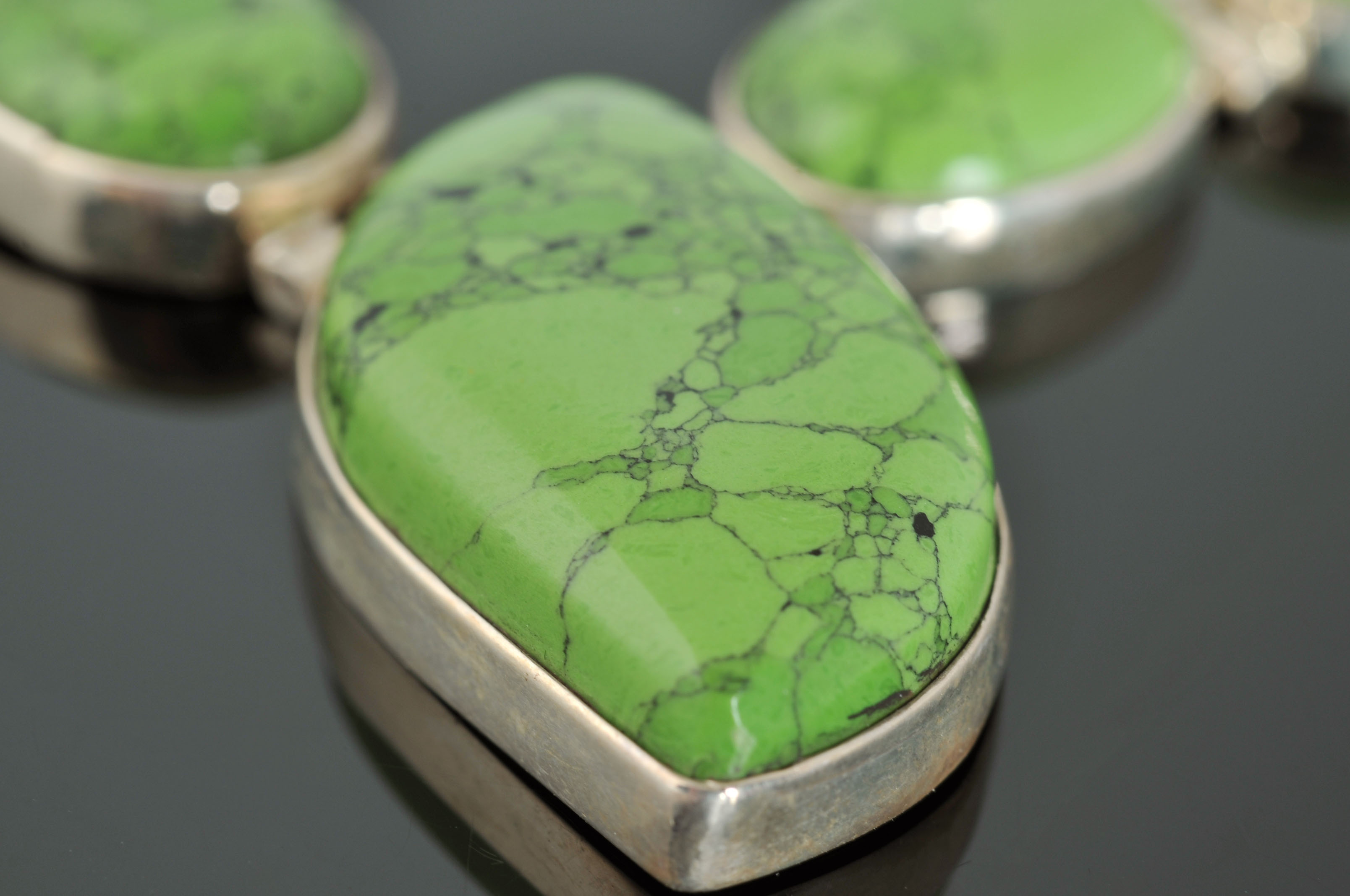 Sterling Silver Necklace with Bezel Set Lime Green Cabochons