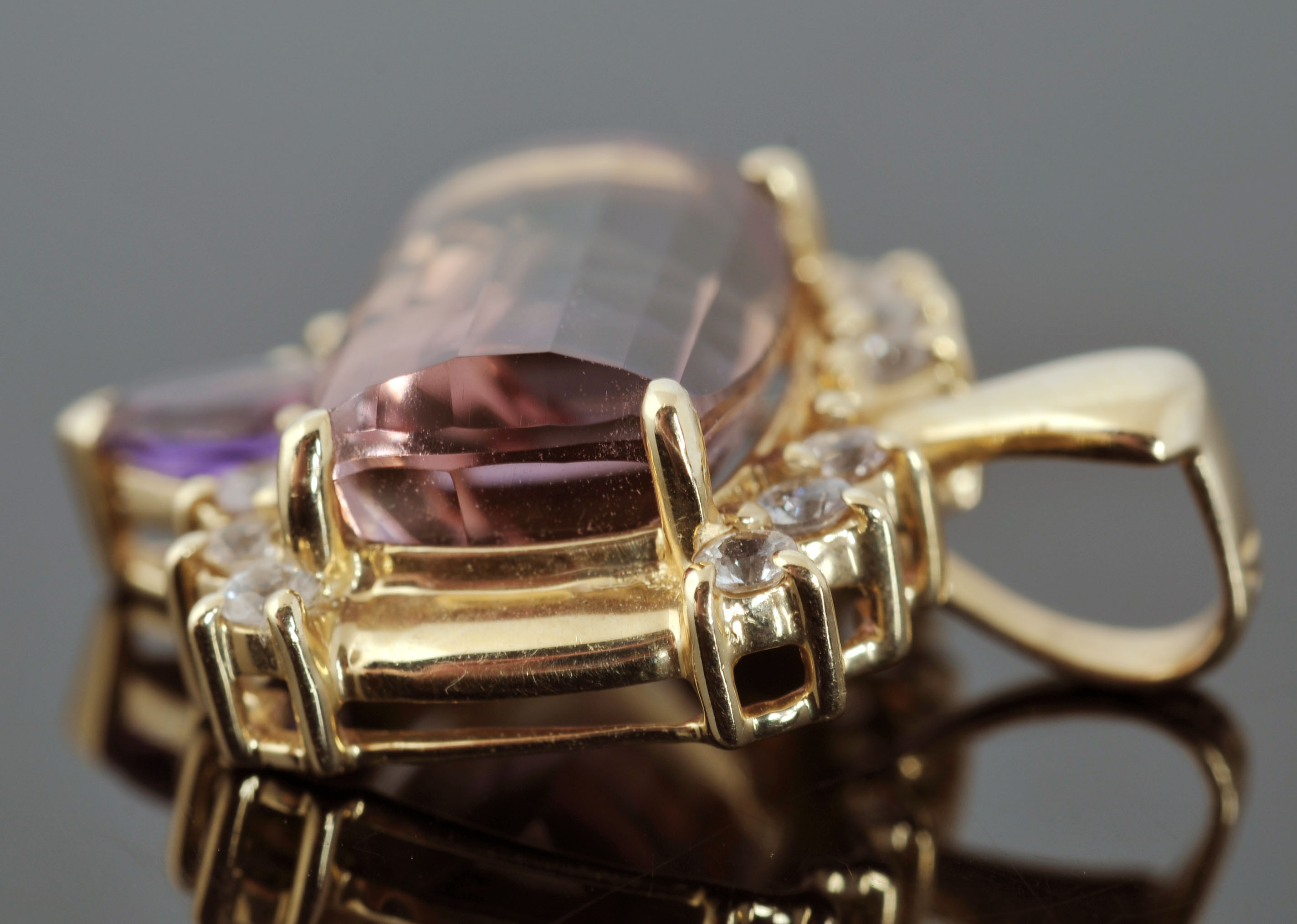 14 K Yellow Gold Ametrine, Amethyst and Crystal Pendant