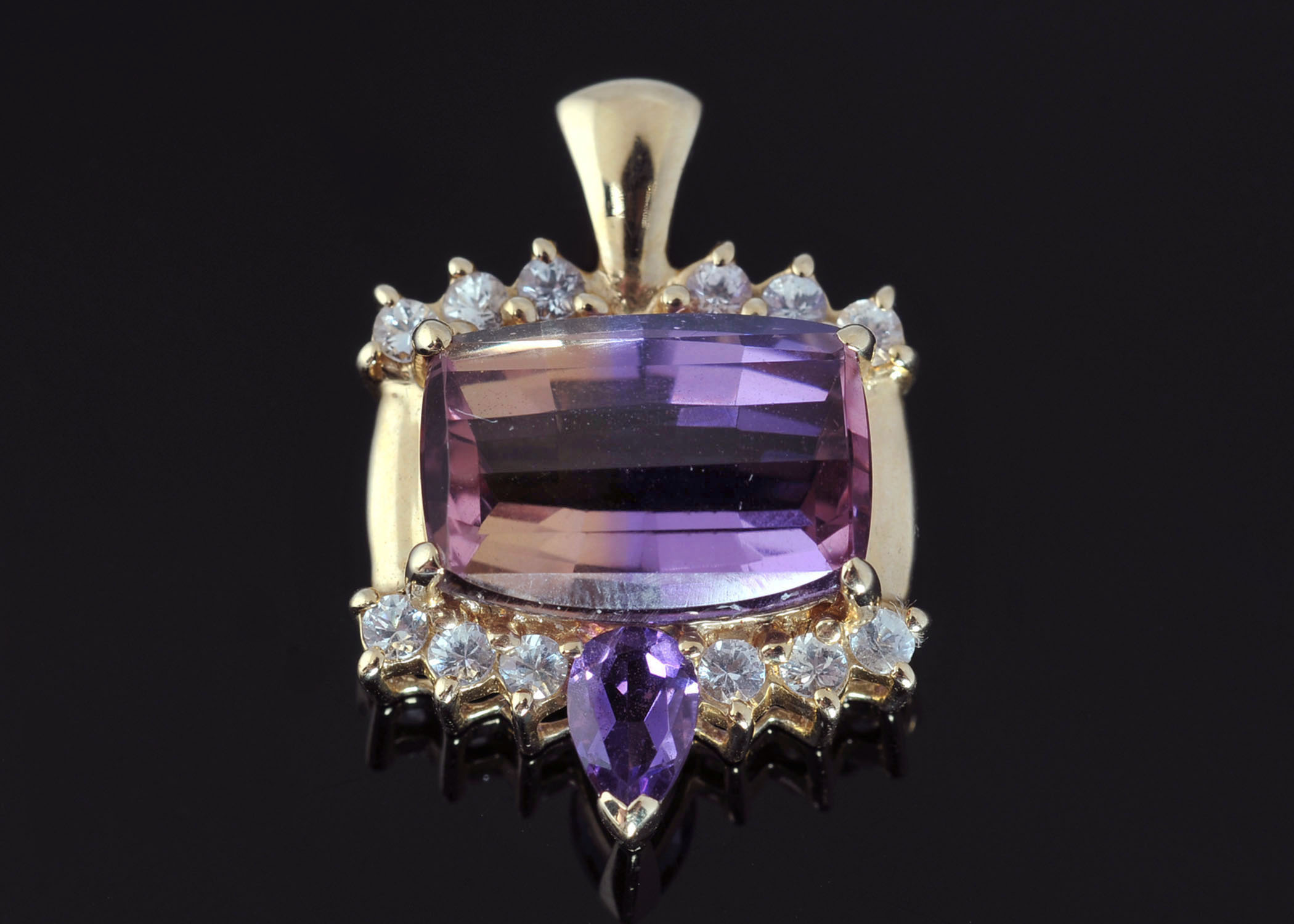 14 K Yellow Gold Ametrine, Amethyst and Crystal Pendant