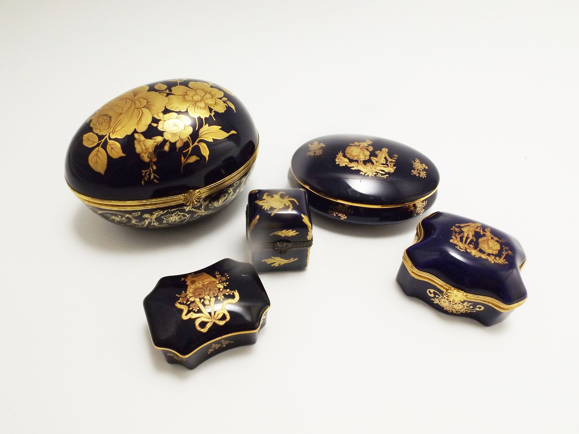 French Limoges Cobalt Blue Porcelain Dresser Boxes