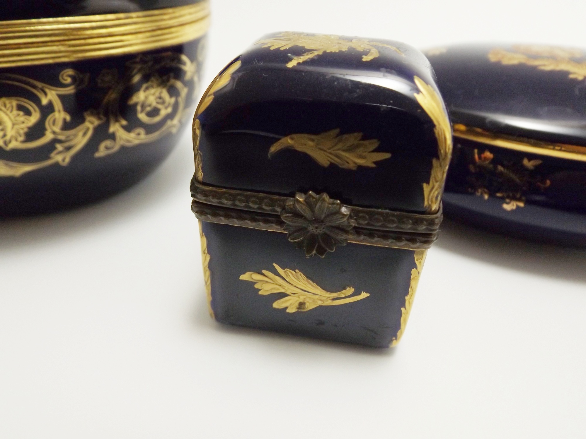 French Limoges Cobalt Blue Porcelain Dresser Boxes