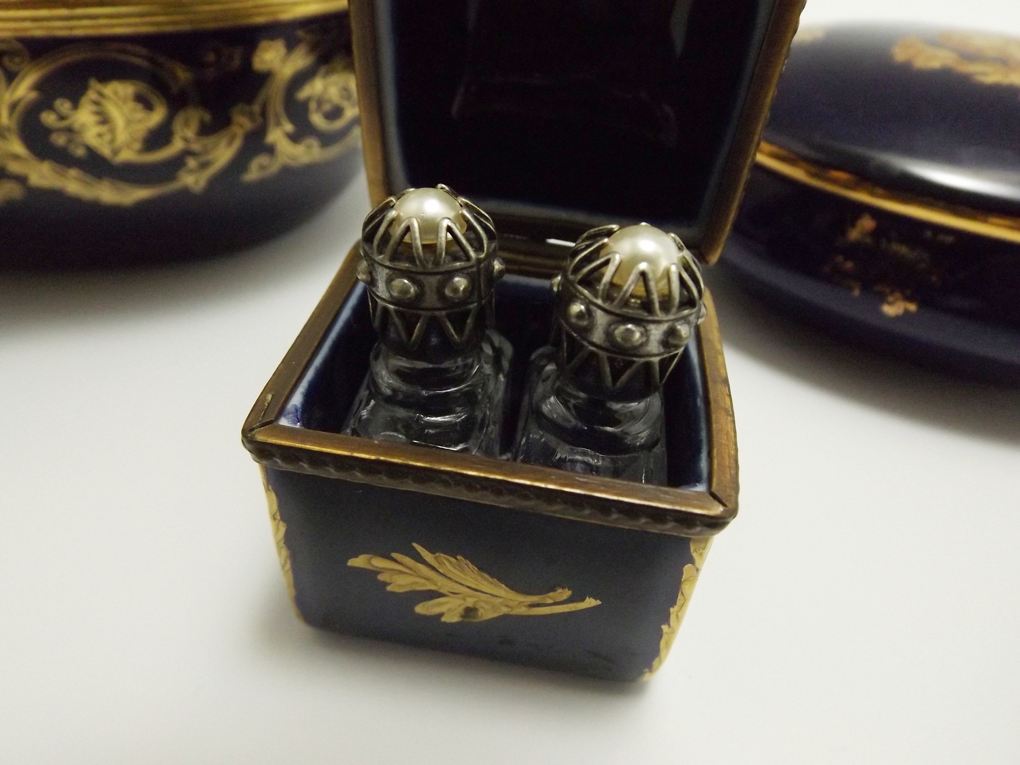 French Limoges Cobalt Blue Porcelain Dresser Boxes