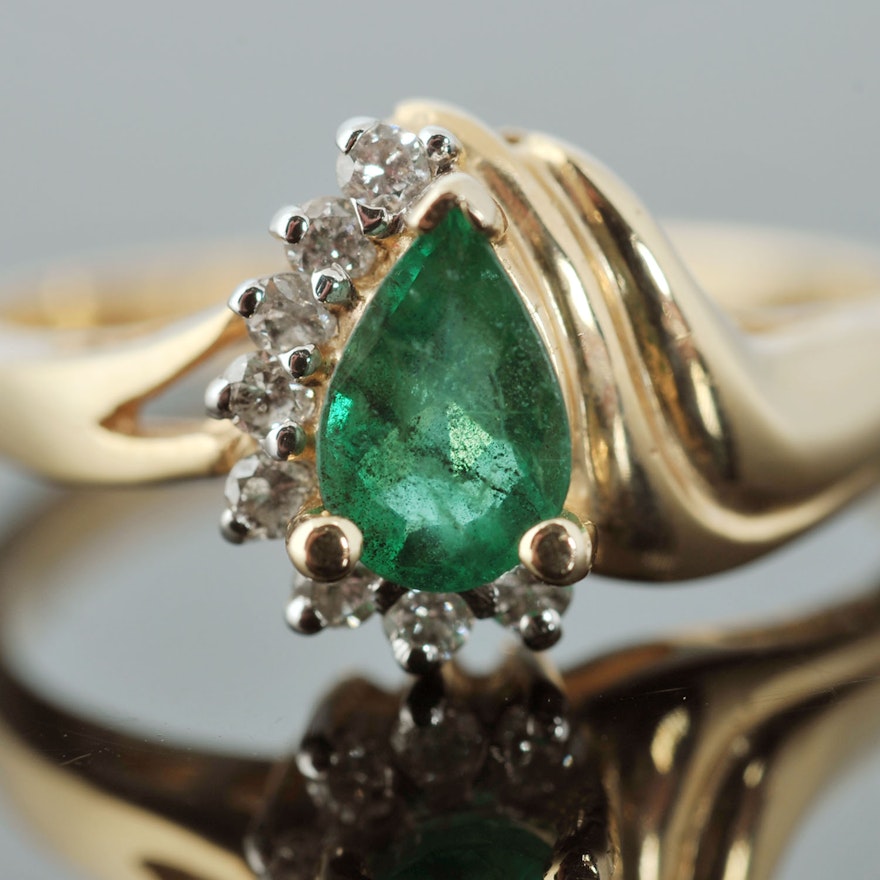 14 K Yellow Gold Emerald and Diamond Ring