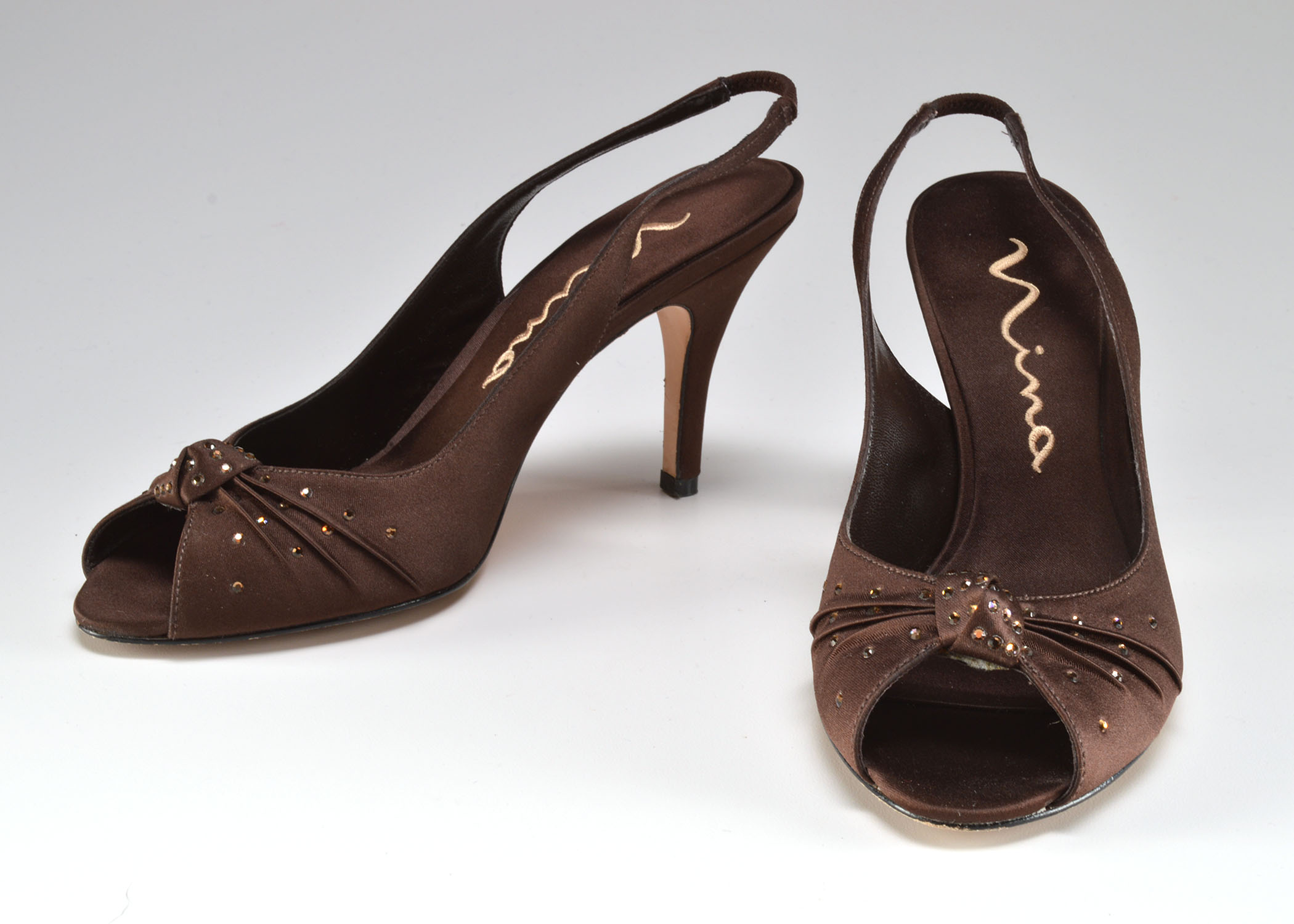 Nina Deep Brown Open Toe Sling Backs with Crystal Rhinestones