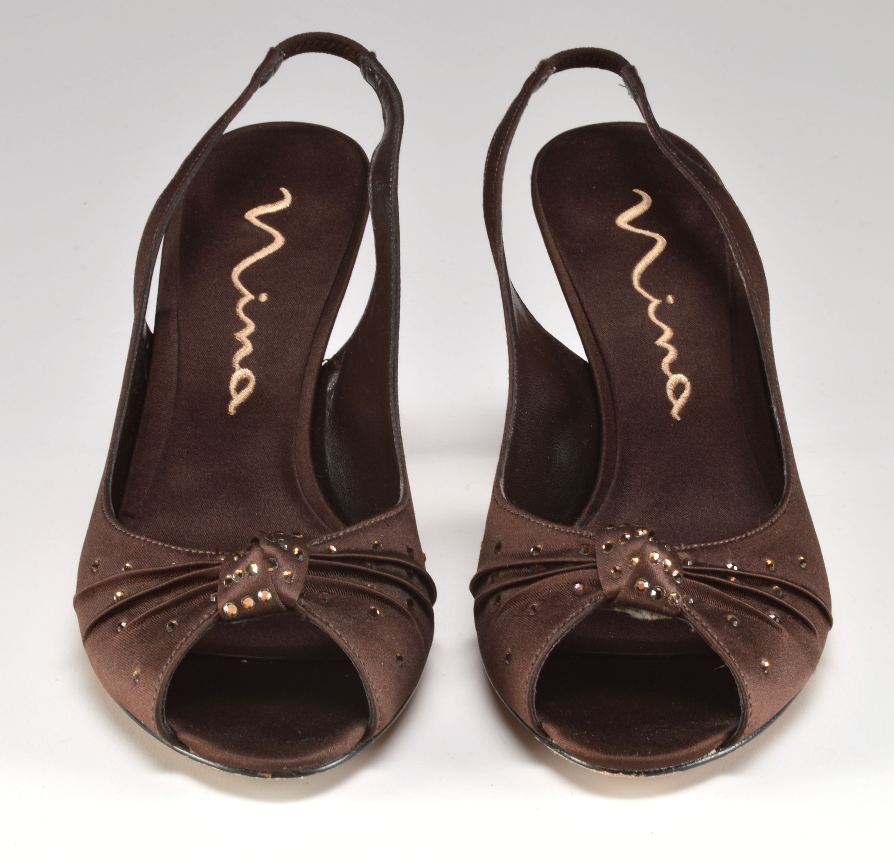 Nina Deep Brown Open Toe Sling Backs with Crystal Rhinestones