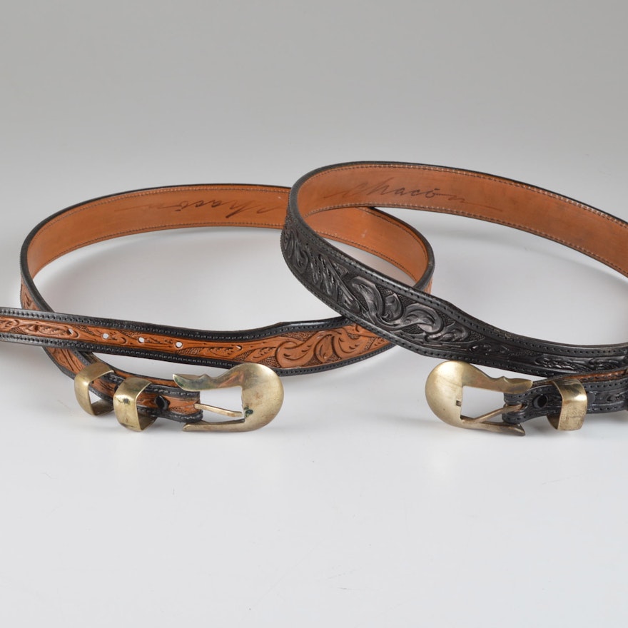 Two Vintage Western Chacon Hand Tooled Leather Belts